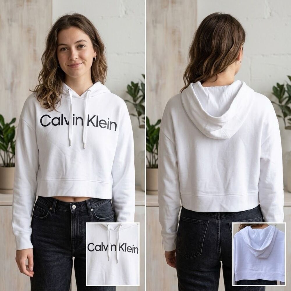 NWT size S cropped white CK hoodie bold type